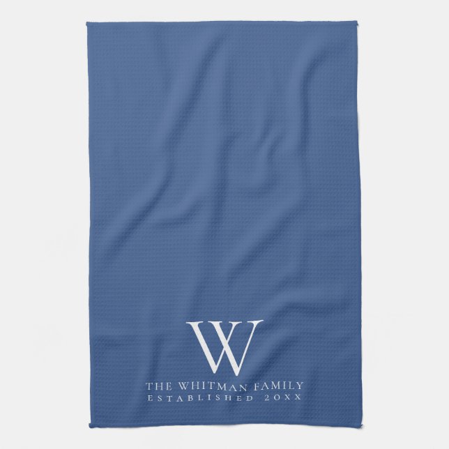 Family Monogram Elegant Classic Blue Kitchen Tea Towel (Vertical)