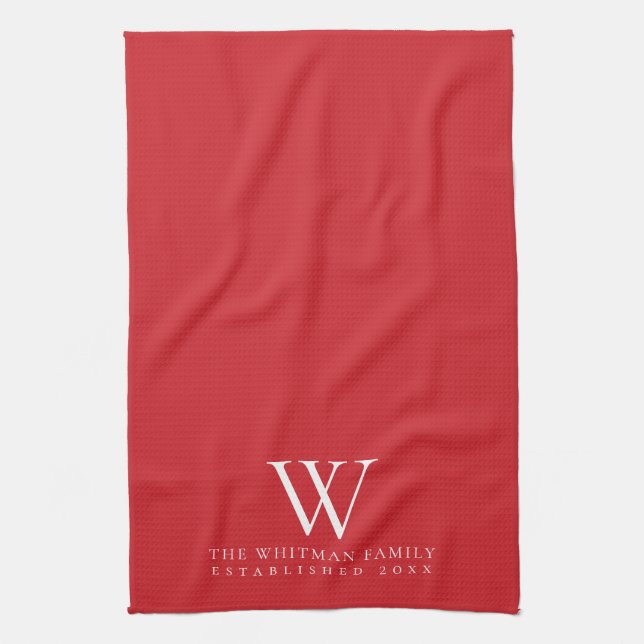 Family Monogram Elegant Flame Scarlet Red Tea Towel (Vertical)