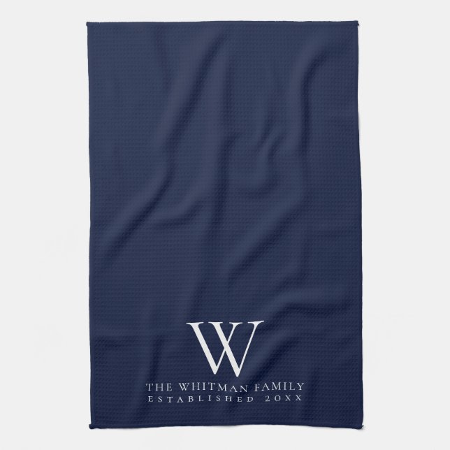 Family Monogram Elegant Navy Kitchen Tea Towel (Vertical)