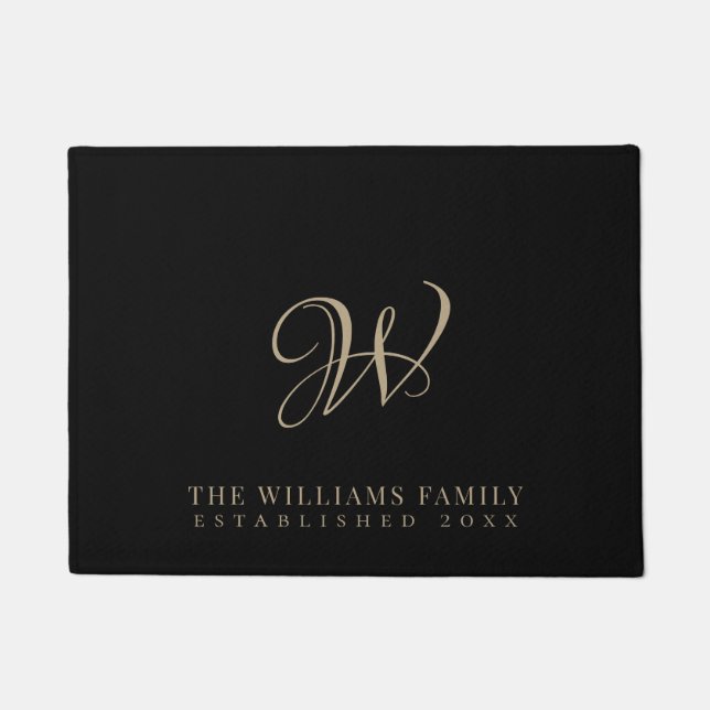 Family Monogram Elegant Script Black Doormat (Front)