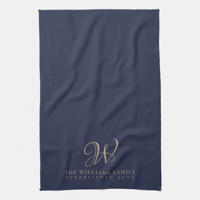 Family Monogram Elegant Script Navy Kitchen Tea Towel (Vertical)