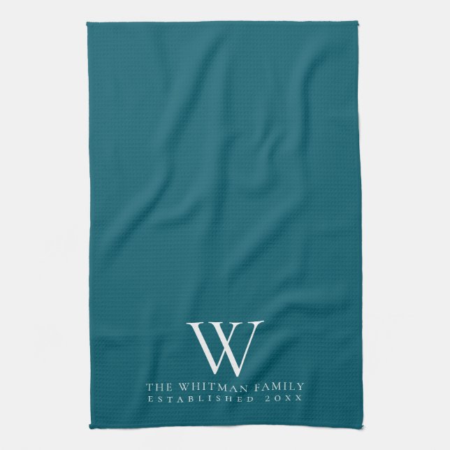 Family Monogram Elegant Teal Kitchen Tea Towel (Vertical)