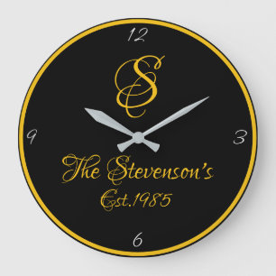 Family Monogram Fancy Script Gold and Black Est.- Large Clock