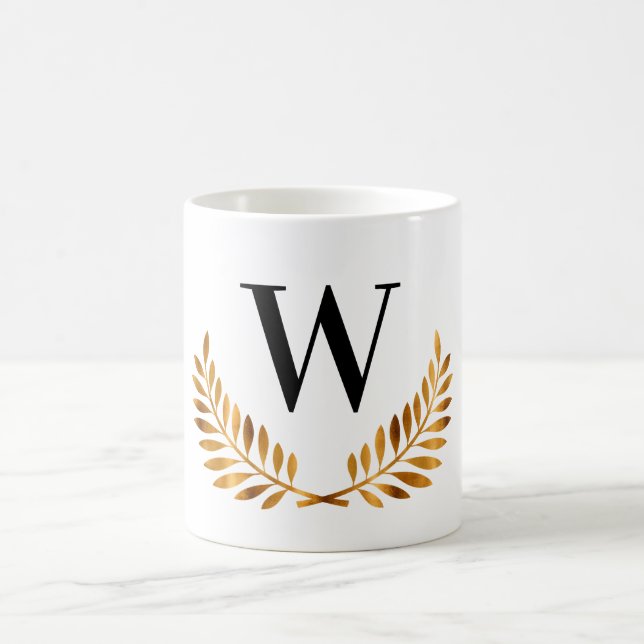 Family monogram initial gold black laurel wreath coffee mug (Center)