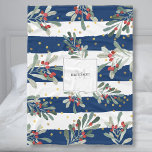 Family Monogram Modern Chic Winter Botanicals Fleece Blanket<br><div class="desc">Stay warm and cosy with this fleece blanket featuring your monogram initial and name surrounded by handpainted watercolor botanicals and berries set against a navy and white striped background - all accented by faux gold glittery polka dots. Fun and festive - the perfect housewarming, birthday or winter holiday gift. (Easily...</div>