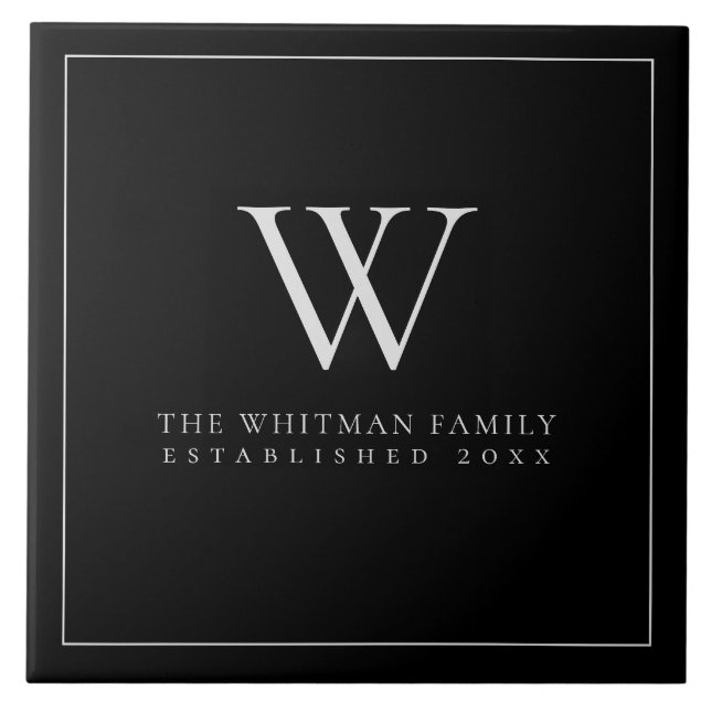 Family Monogram Modern Elegant Black Grey Ceramic Tile (Front)