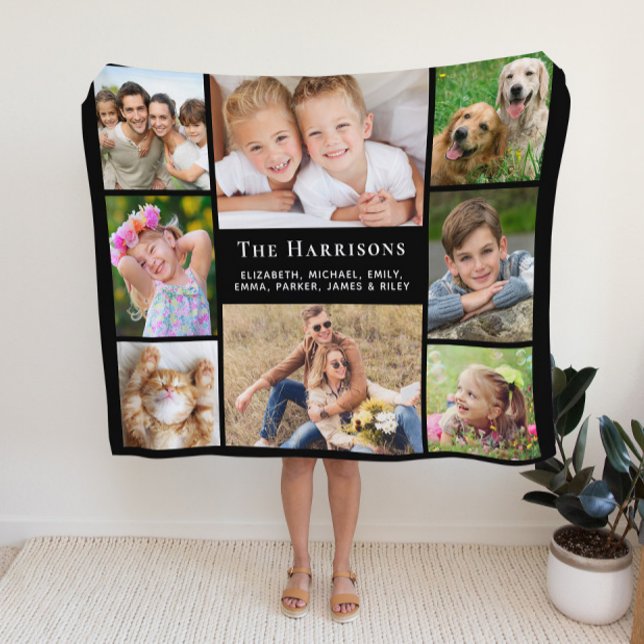 Family Monogram Name 8 Photo Collage Black Fleece Blanket (Creator Uploaded)