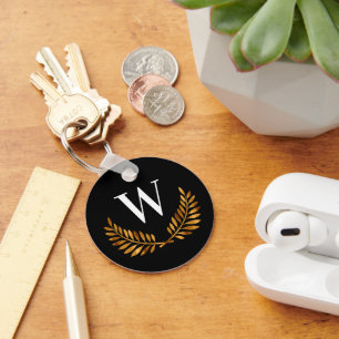 Family monogram name black gold laurel wreath key ring