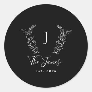 Family monogram name elegant personalised black classic round sticker
