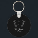 Family monogram name elegant personalised black key ring<br><div class="desc">Custom family classic laurels monogram with established year elegant chic black and white keychain.         A chic keepsake gift for weddings,  newlyweds,  anniversaries,  housewarmings,  new home,  Thanksgiving,  Christmas,  or any other occasion.</div>