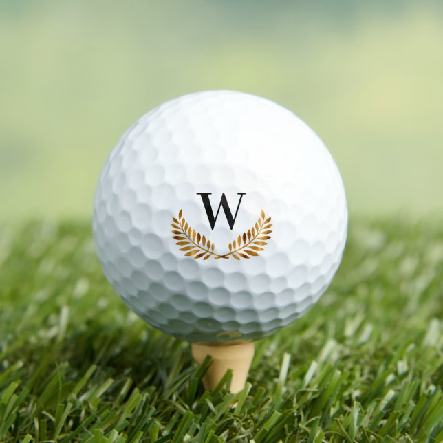 Family monogram name gold black laurel wreath golf balls (Insitu Tee)