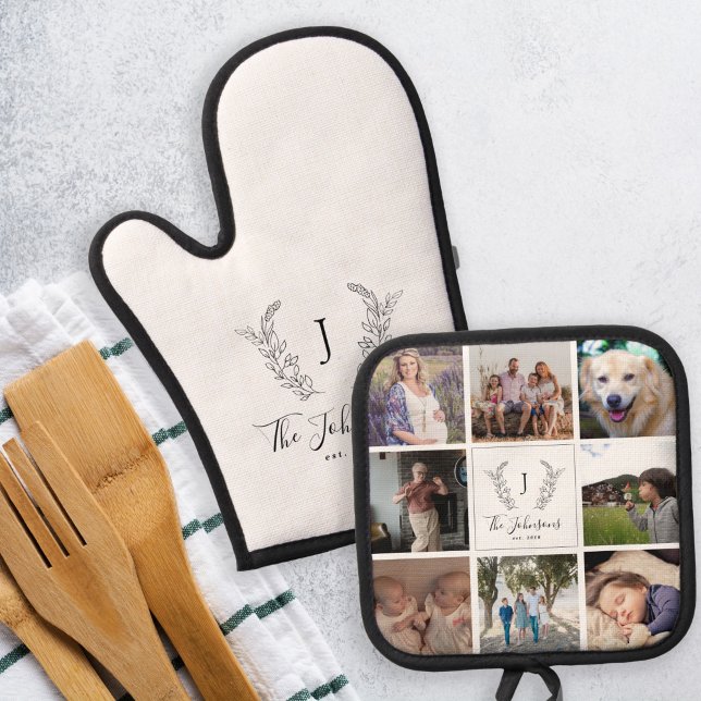 Family monogram name multi photo collage white oven mitt & pot holder set (Creator Uploaded)