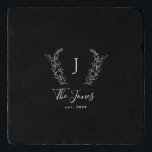 Family monogram name personalised elegant black trivet<br><div class="desc">Custom family monogrammed laurels elegant chic black and white trivet.         A modern kitchen decor or keepsake gift for weddings,  newlyweds,  anniversaries,  housewarmings,  new home,  Thanksgiving,  Christmas,  or any other occasion.</div>