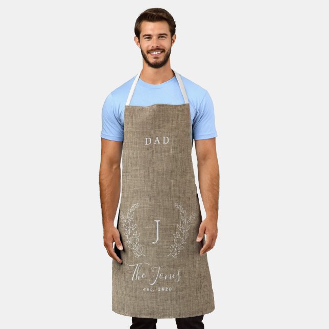 Family monogram name personalised rustic burlap apron (Worn)