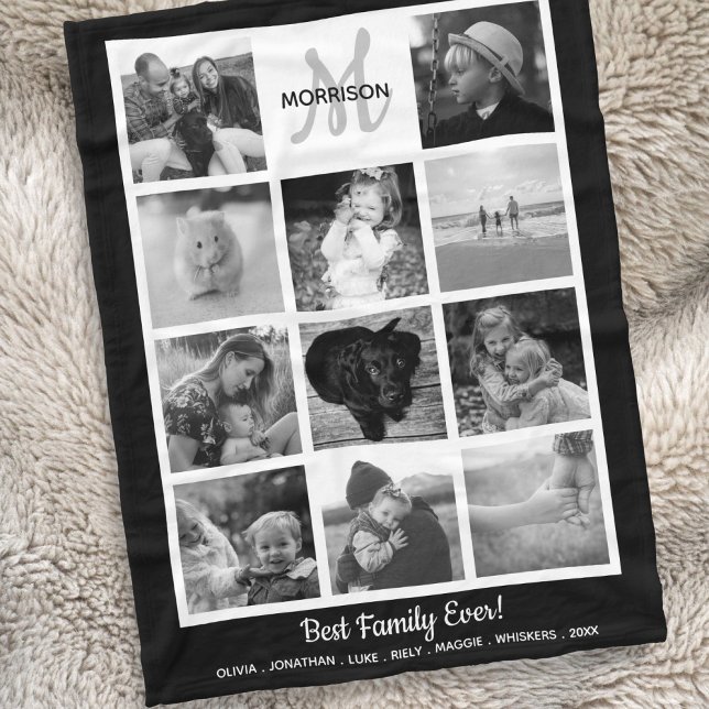 Family Monogram Photo Collage 11 Black White Photo Fleece Blanket (Creator Uploaded)