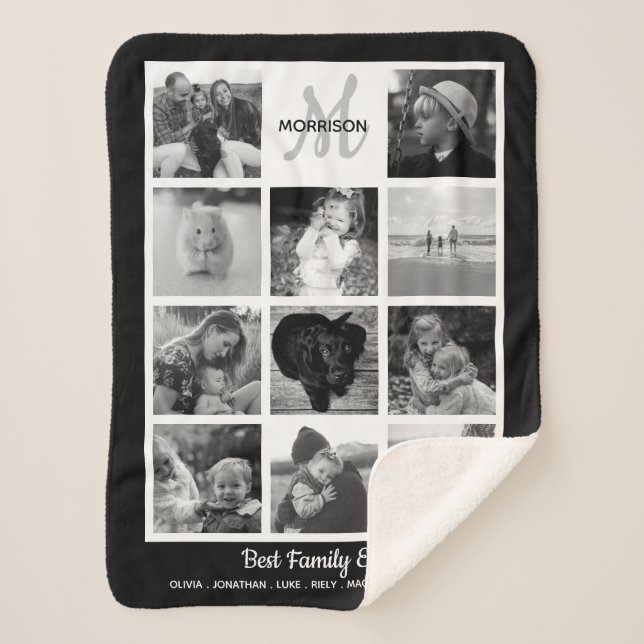 Family Monogram Photo Collage 11 Black White Photo Sherpa Blanket (Front)