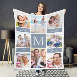 Family Monogram Photo Collage Dusty Blue Fleece Blanket