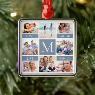 Family Monogram Photo Collage Dusty Blue Metal Ornament