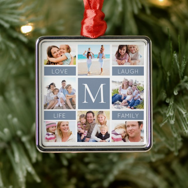 Family Monogram Photo Collage Dusty Blue Metal Ornament (Tree)