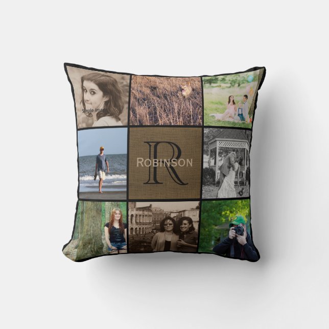 Family Monogram Photo Collage | Rustic Burlap Cushion (Front)