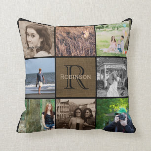 Family Monogram Photo Collage   Rustic Burlap Cushion