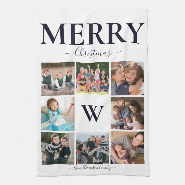 Family Monogram Photos Merry Christmas Tea Towel (Vertical)