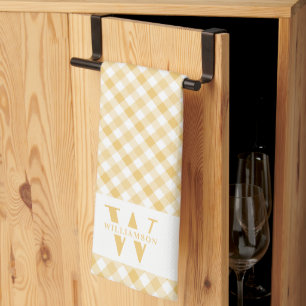 Family Monogram Sunny Yellow Plaid Chic Farmhouse Tea Towel