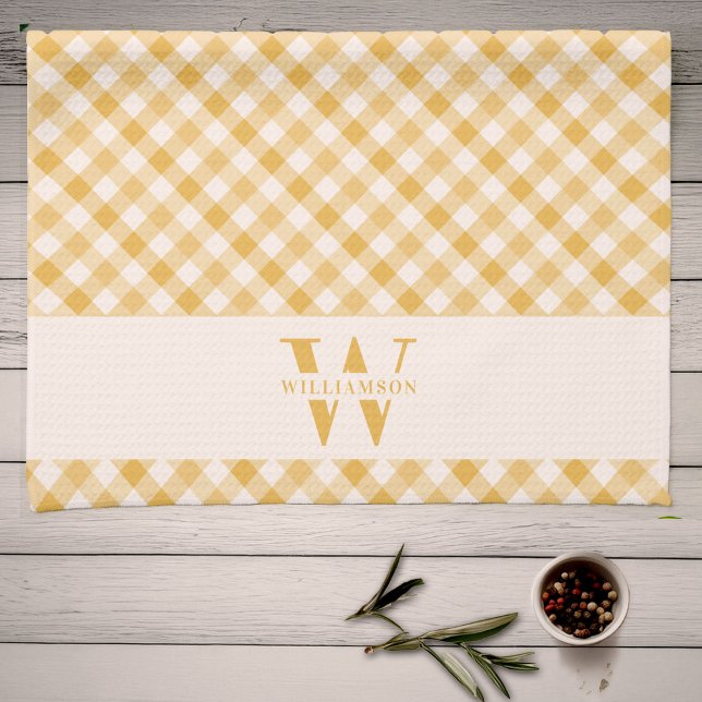 Family Monogram Sunny Yellow Plaid Chic Farmhouse Tea Towel (Creator Uploaded)