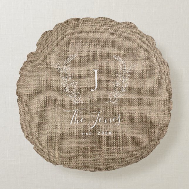 Family monogram vintage farmhouse jute round cushion (Front)