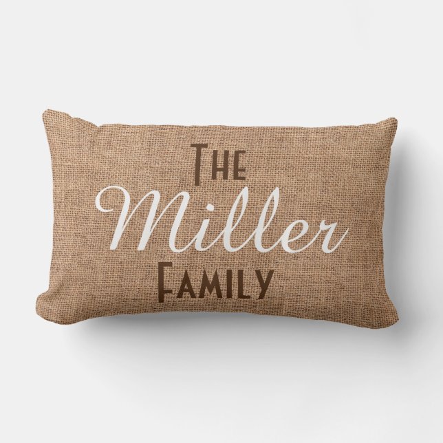 Family Monogram with Rustic Burlap Effect Lumbar Cushion (Front)