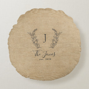 Family monogrammed rustic farmhouse round cushion
