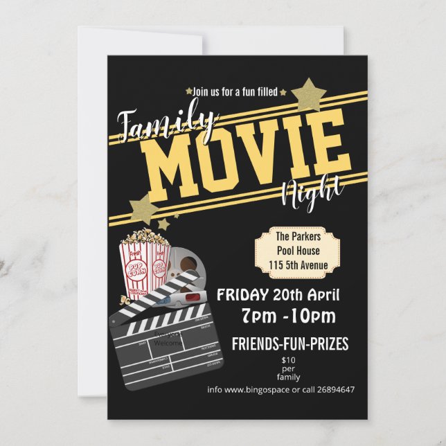 Family movie night, film party PTA event PTO Invitation (Front)