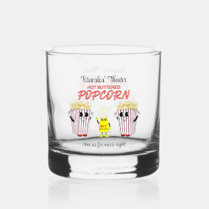 Family Movie Theater Fun Popcorn Mascots Rocks Whiskey Glass