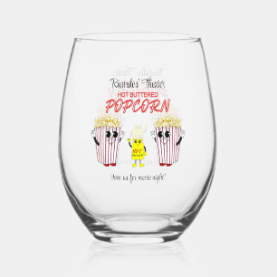 Family Movie Theatre Fun Popcorn Mascots  Stemless Wine Glass