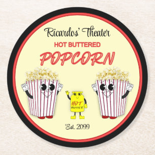 Family Movie Theatre with Hot Buttered Popcorn  Round Paper Coaster