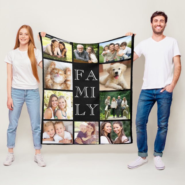 Family Multi-Photo Collage Black Personalised Fleece Blanket (In Situ)