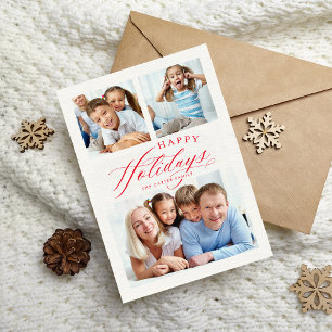 FAMILY MULTI PHOTO Happy Holidays calligraphy red  Announcement