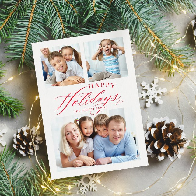 FAMILY MULTI PHOTO Happy Holidays calligraphy red  Holiday Card (Creator Uploaded)