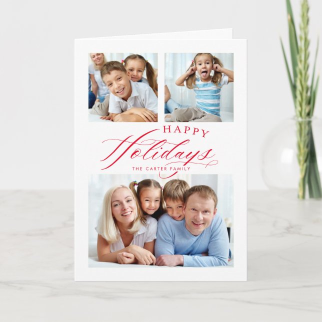 FAMILY MULTI PHOTO Happy Holidays calligraphy red  Holiday Card (Front)