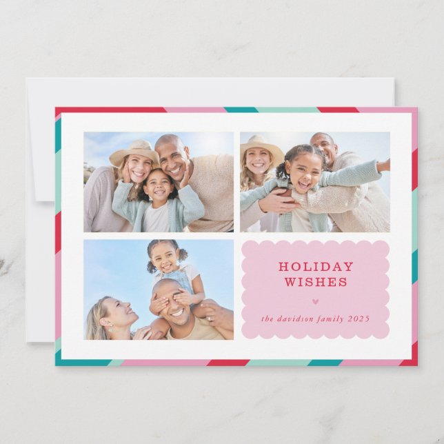 FAMILY MULTI PHOTO modern cute border pink red Holiday Card (Front)
