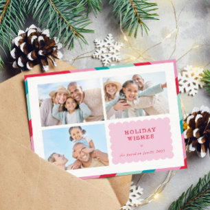FAMILY MULTI PHOTO modern cute border pink red Holiday Card