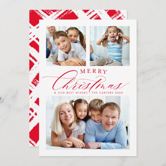 FAMILY MULTI PHOTO traditional merry christmas red Holiday Card (Front/Back)