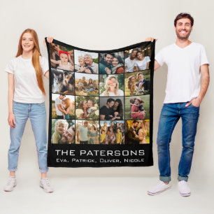 Family Name 16 Photo Collage Modern Elegant Black Fleece Blanket