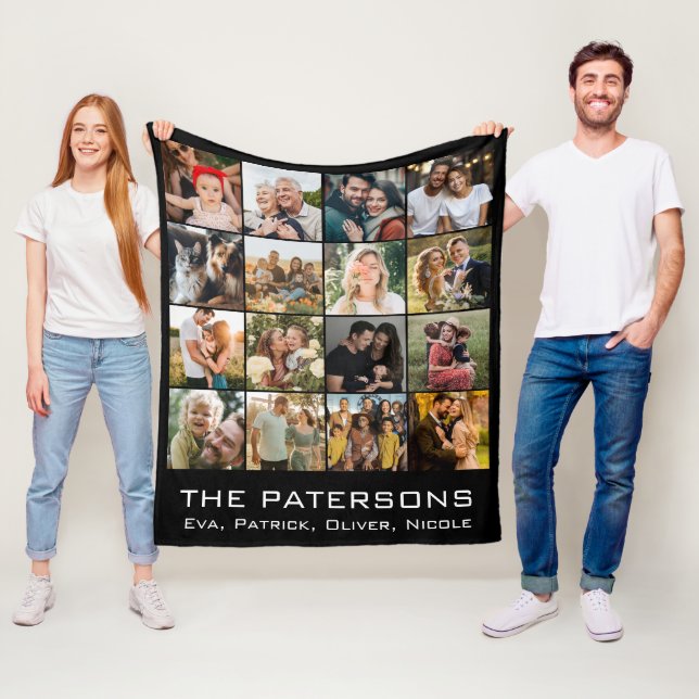 Family Name 16 Photo Collage Modern Elegant Black Fleece Blanket (In Situ)
