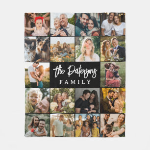 Family Name 18 Photo Collage Modern Elegant Black Fleece Blanket