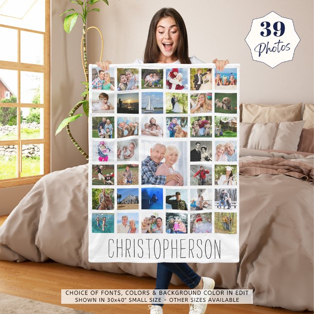 Family Name 39 Photo Collage Your Colour Choice Fleece Blanket (Creator Uploaded)