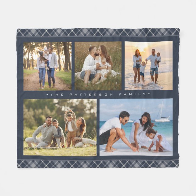 Family Name 5 Photo Collage Blue Plaid Modern Fleece Blanket (Front (Horizontal))