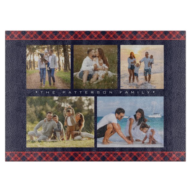 Family Name 5 Photo Collage Red Plaid Modern Cutting Board (Front)