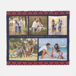Family Name 5 Photo Collage Red Plaid Modern Fleece Blanket