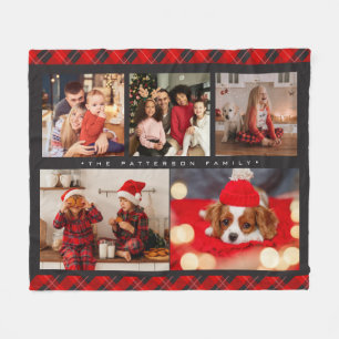 Family Name 5 Photo Collage Red Plaid Modern Fleece Blanket